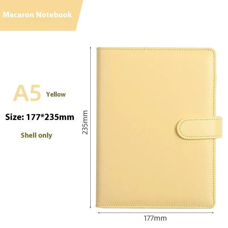 A5 solid colour PU leather notebook binder shell with a zipper, shown in various colours.