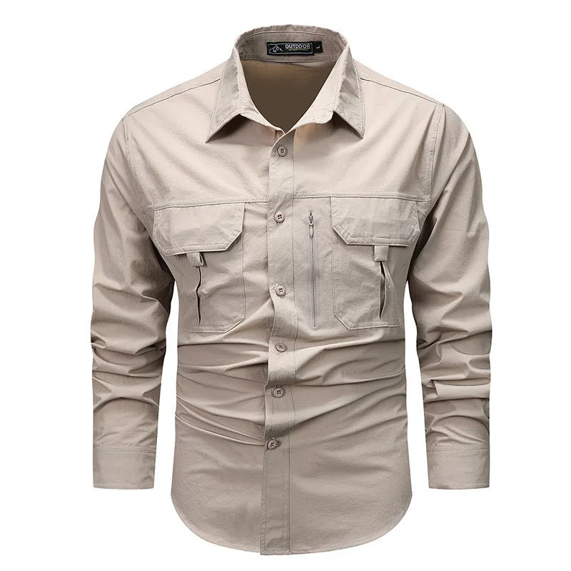 Retro workwear shirt for men, long-sleeved nylon overshirt in solid colour, loose fit