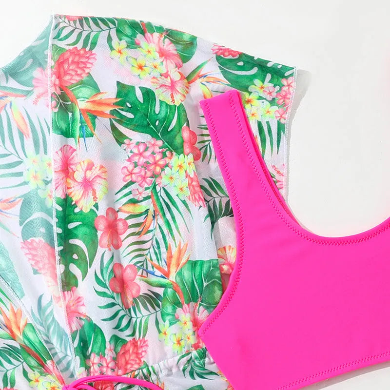 Girls' floral pattern two-piece swimsuit with high elasticity polyester fabric for swimming