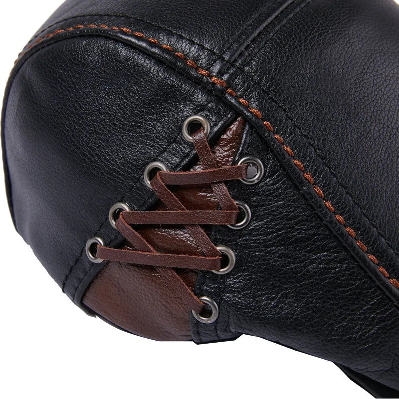 Men's cowhide leather beret peaked cap in dark brown with short brim on a neutral background
