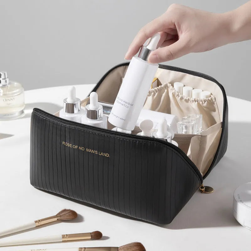 Vertical pattern cubic makeup bag in soft PU leather with 22.5cm by 12.5cm dimensions