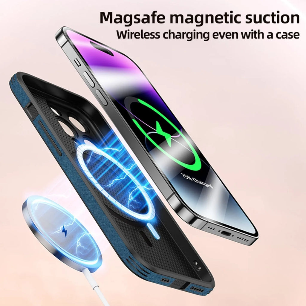 iPhone 16 magnetic case with embossed moose head design in imitation leather, shown in dark blue colour.