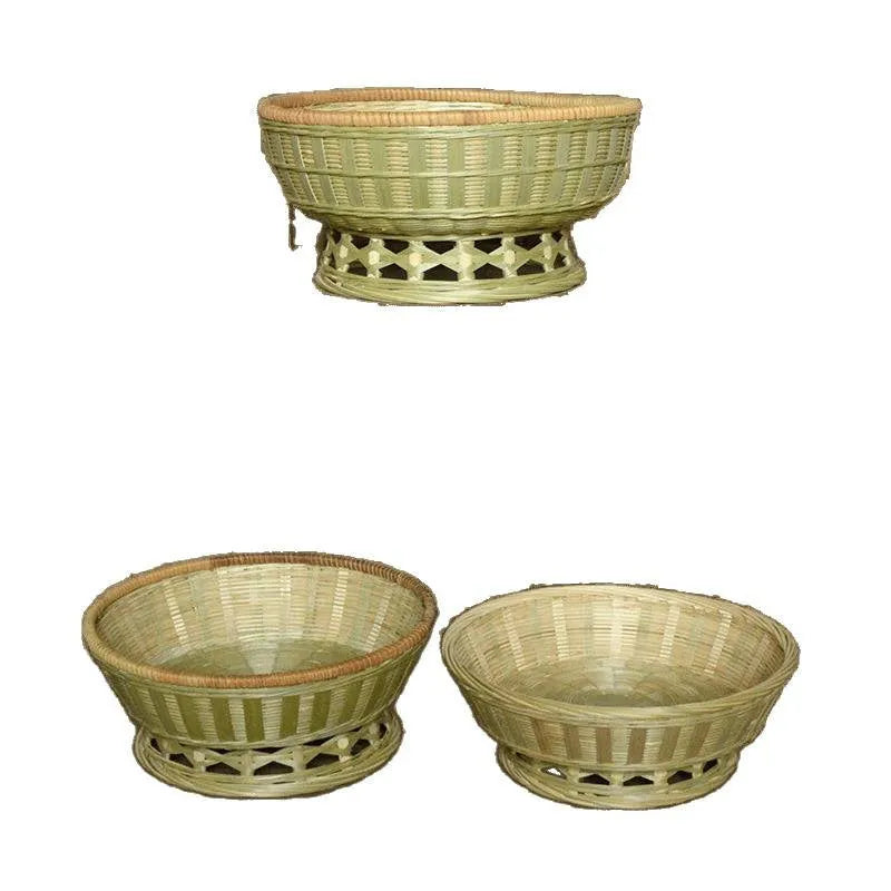 Handmade natural bamboo storage basket shown in one of three size variations for household organisation.