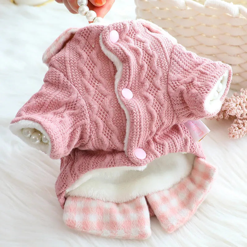 Blue wool plaid dog sweater with fake two pieces design and fleece lining for indoor warmth