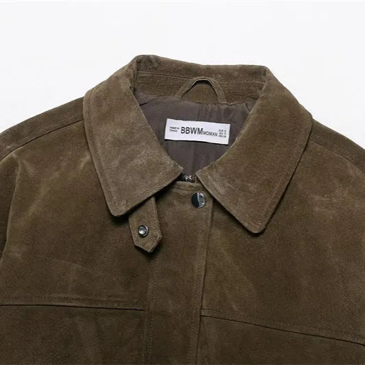 Women's PU jacket in picture colour with Japanese Korean casual style on a model.