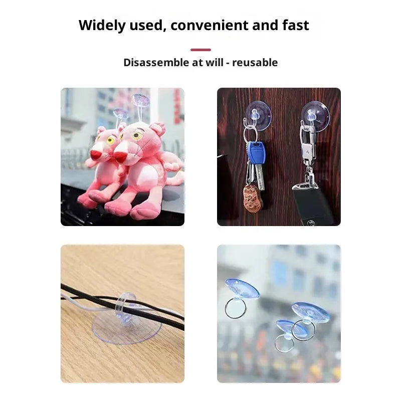 PVC suction disc hooks in assorted sizes and styles including iron hooks and key ring sucker on a glass surface