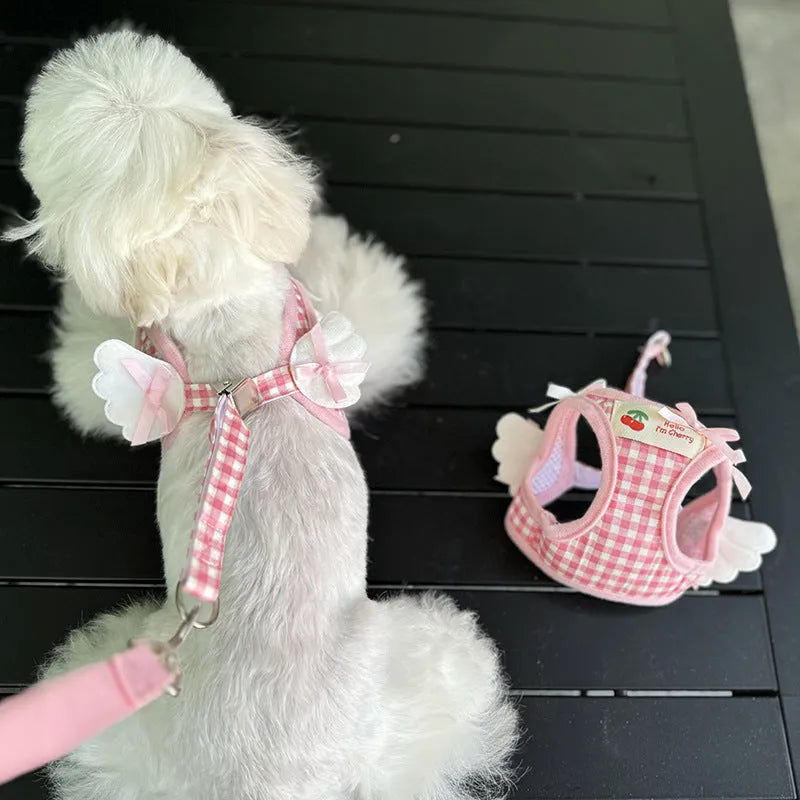 Small dog wearing pink cotton chest-back harness with hand holding rope attached