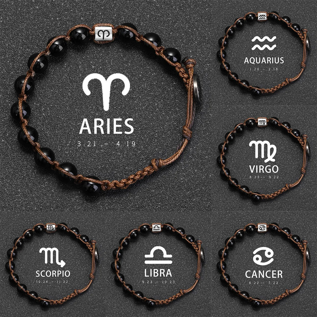 Natural obsidian hand-woven zodiac bracelet with stainless steel accent, unisex design