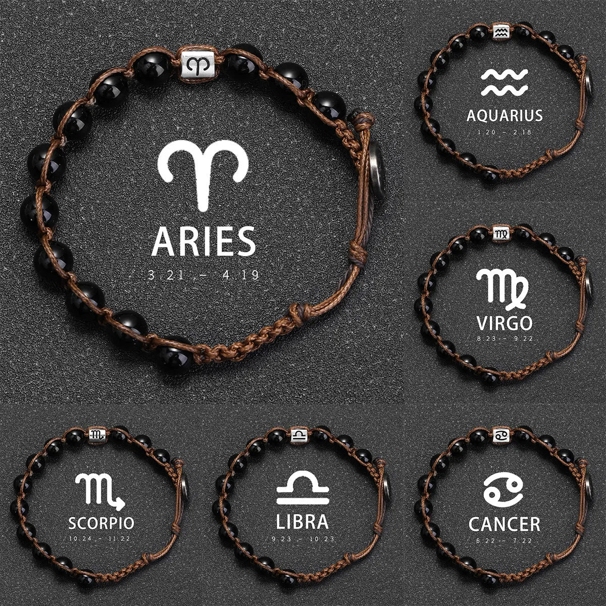 Natural obsidian hand-woven zodiac bracelet with stainless steel accent, unisex design