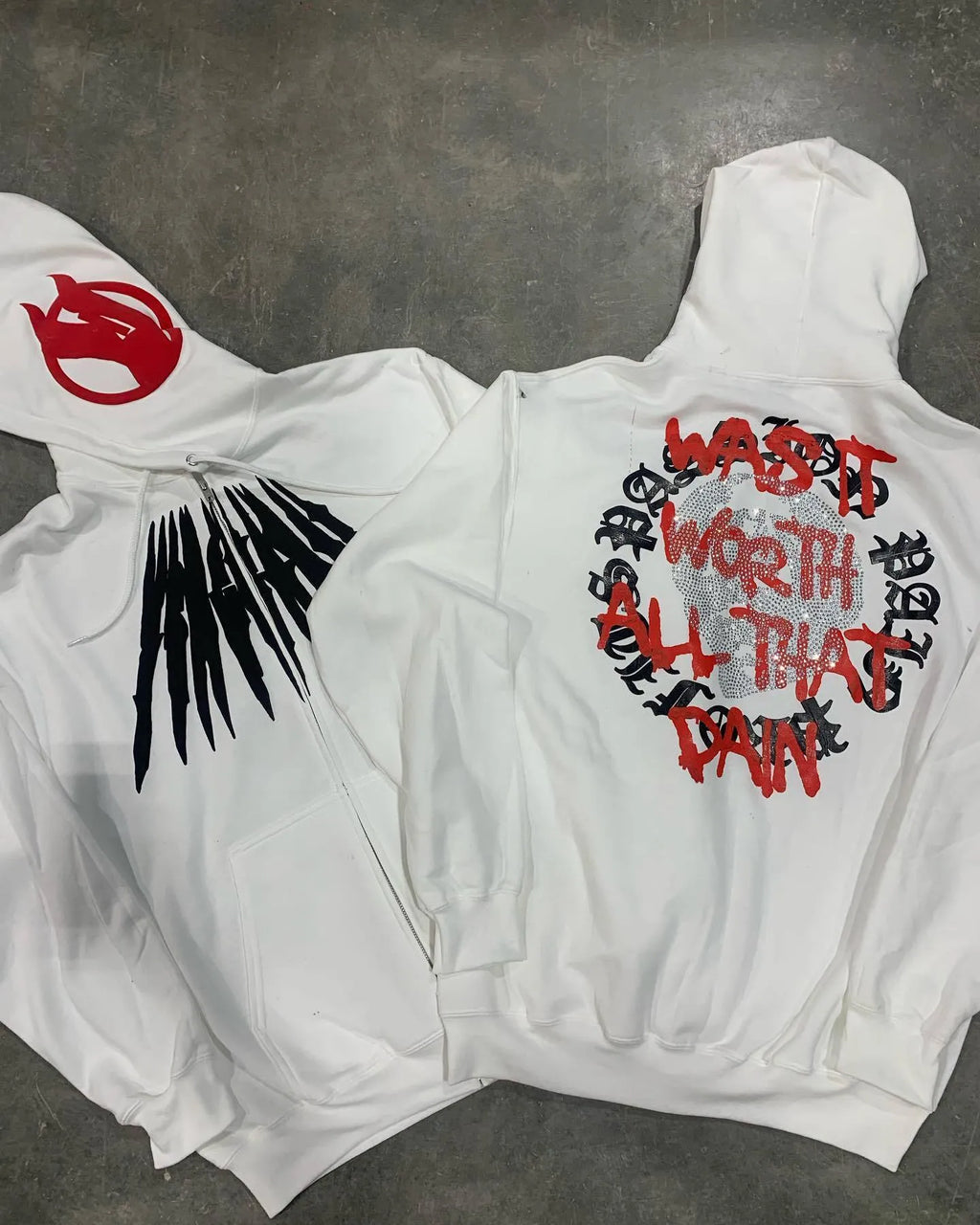 Printed skull pattern hooded sweatshirt with rhinestone detailing in black or white