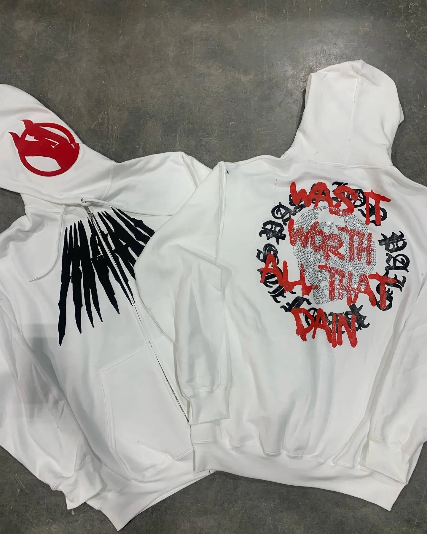 Printed skull pattern hooded sweatshirt with rhinestone detailing in black or white