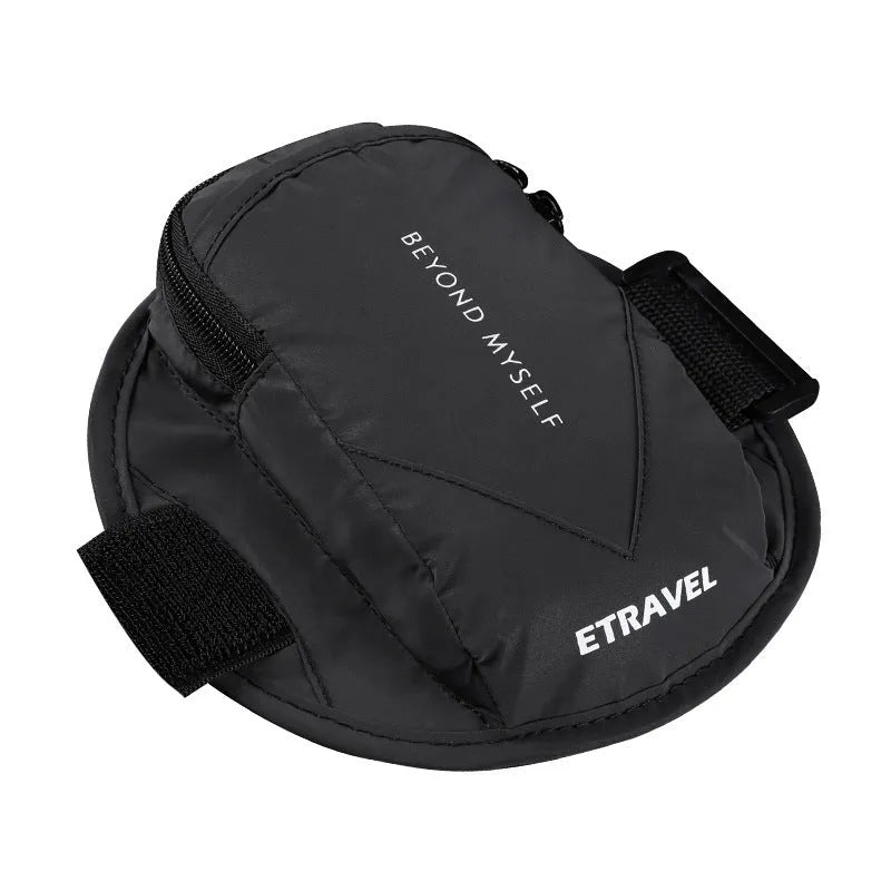 Running arm bag worn on arm with reflective strip, showing smartphone compartment and adjustable strap