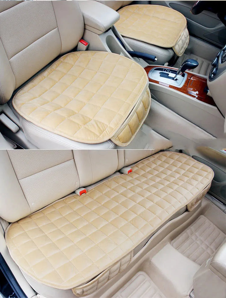 Checkered embroidered plush non-slip car seat cushion in beige with cotton fabric, three-piece set