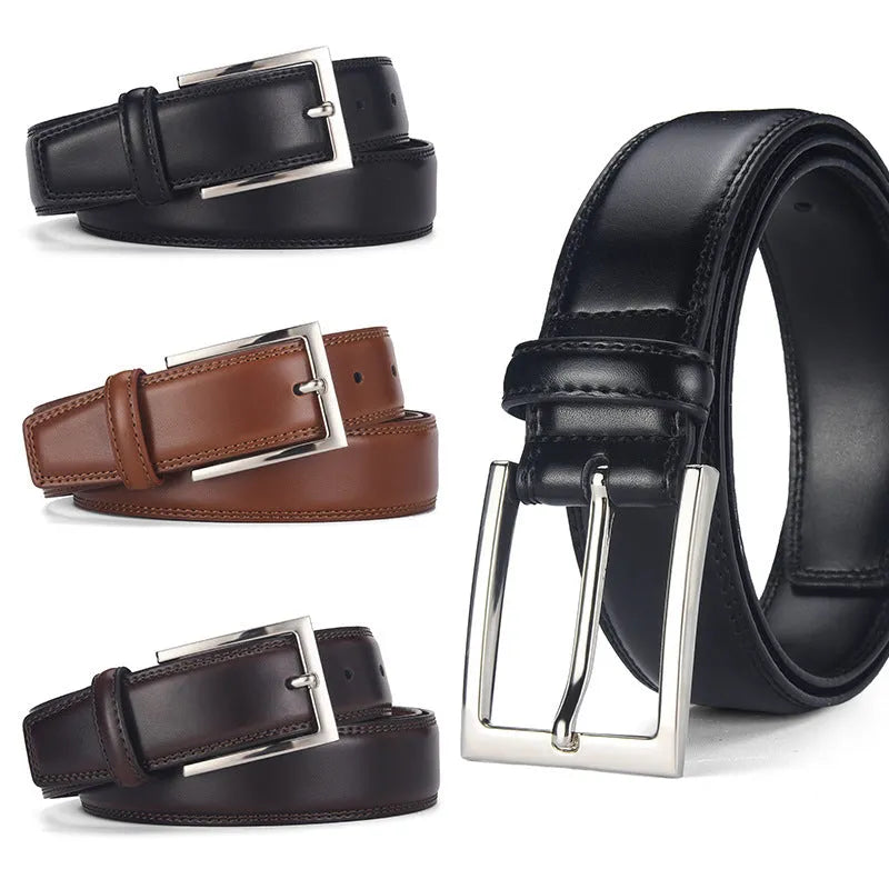Men's leather belt with pin buckle in genuine cowhide leather showing colour variations