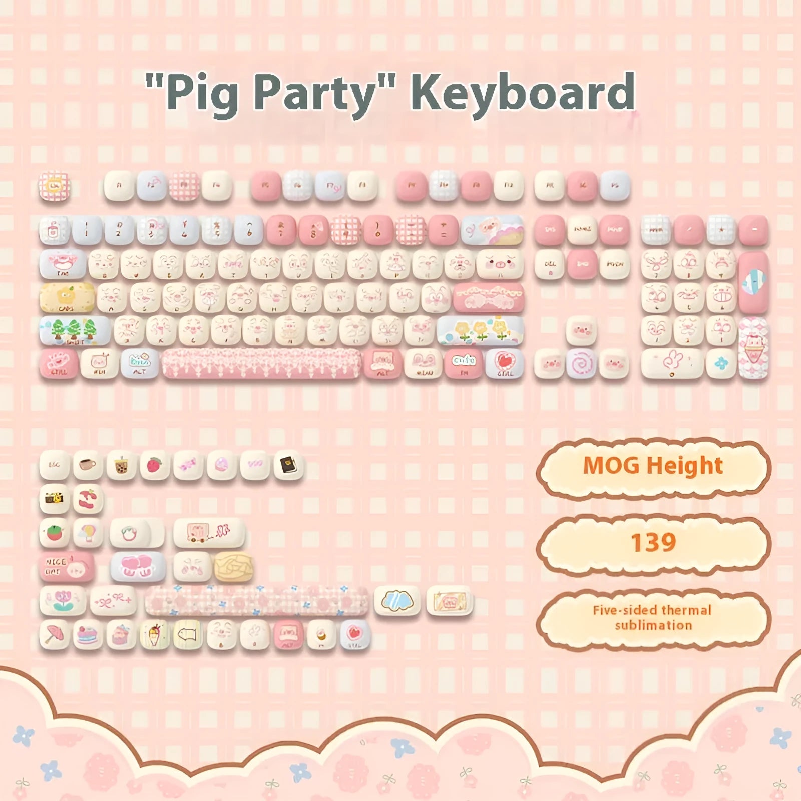 Sublimation printed cartoon pig theme mechanical keyboard keycaps full set with colourful party artwork