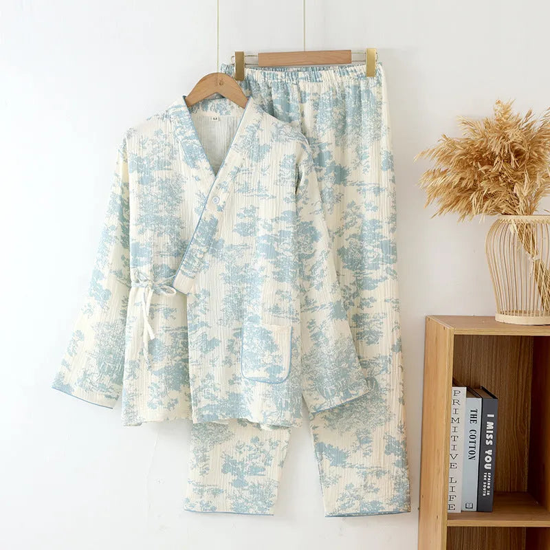 Women's pink frosted pine tree cotton gauze loungewear set with lace-up long-sleeve top and trousers