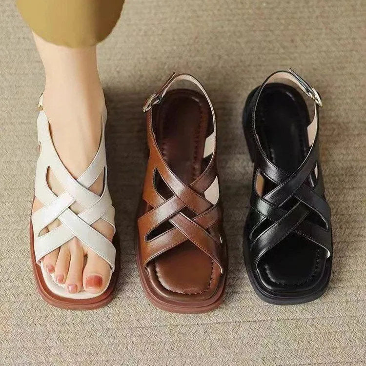 Women's patent leather square toe beach sandals with cross straps in black, brown, and off-white colours.
