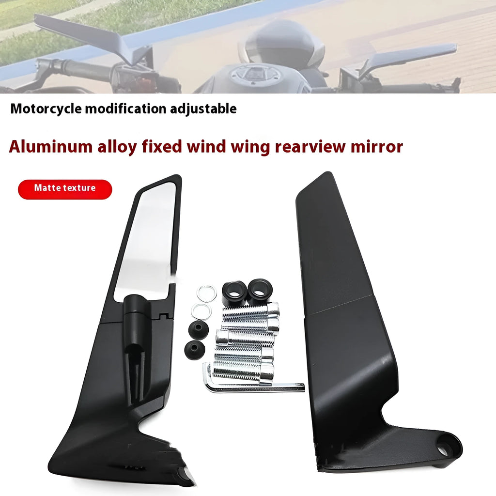 Pair of black aluminium alloy and glass universal motorcycle rearview mirrors with spoiler design on a white background