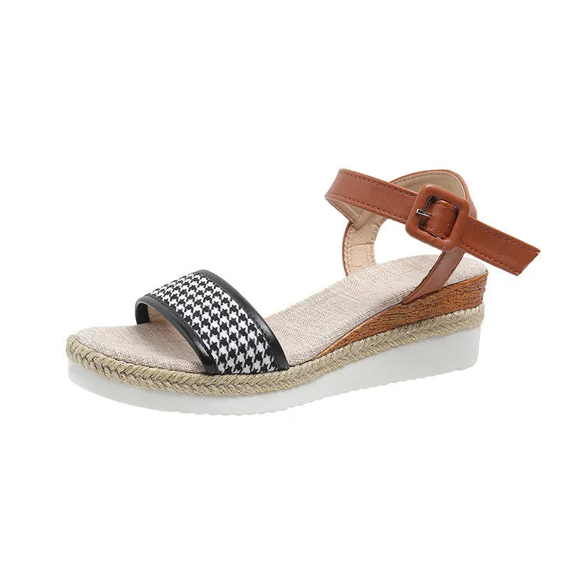Women's houndstooth print buckle sandal with fish mouth toe in white, PVC upper