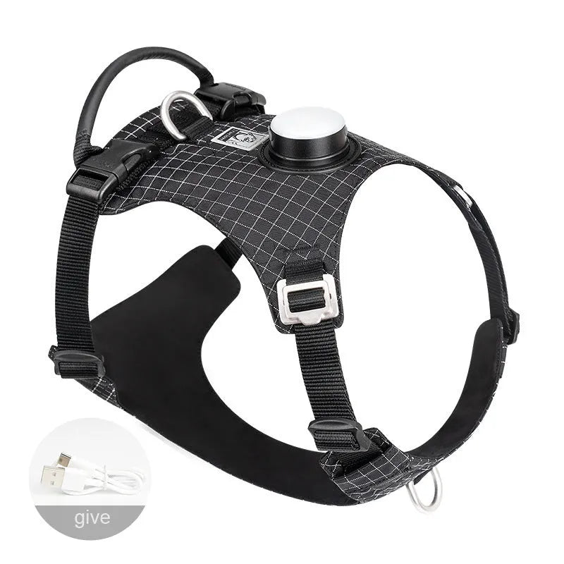 Nylon dog chest harness with LED light and traction handle in multiple colour options