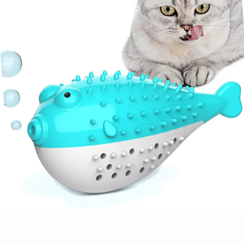 Blue silicone fish-shaped chew and grab toy for cats on a white background.