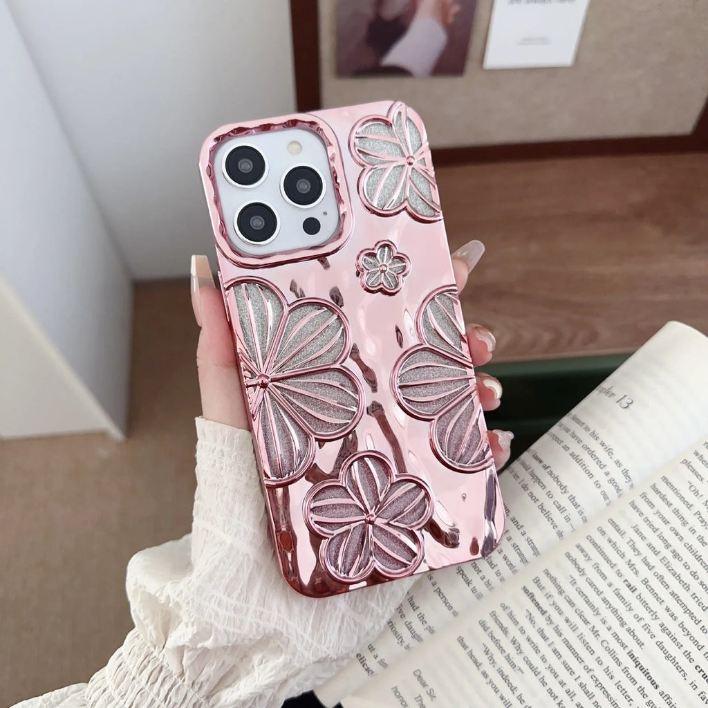 Gold electroplating pleated flower soft shell phone case for iPhone with drop protection