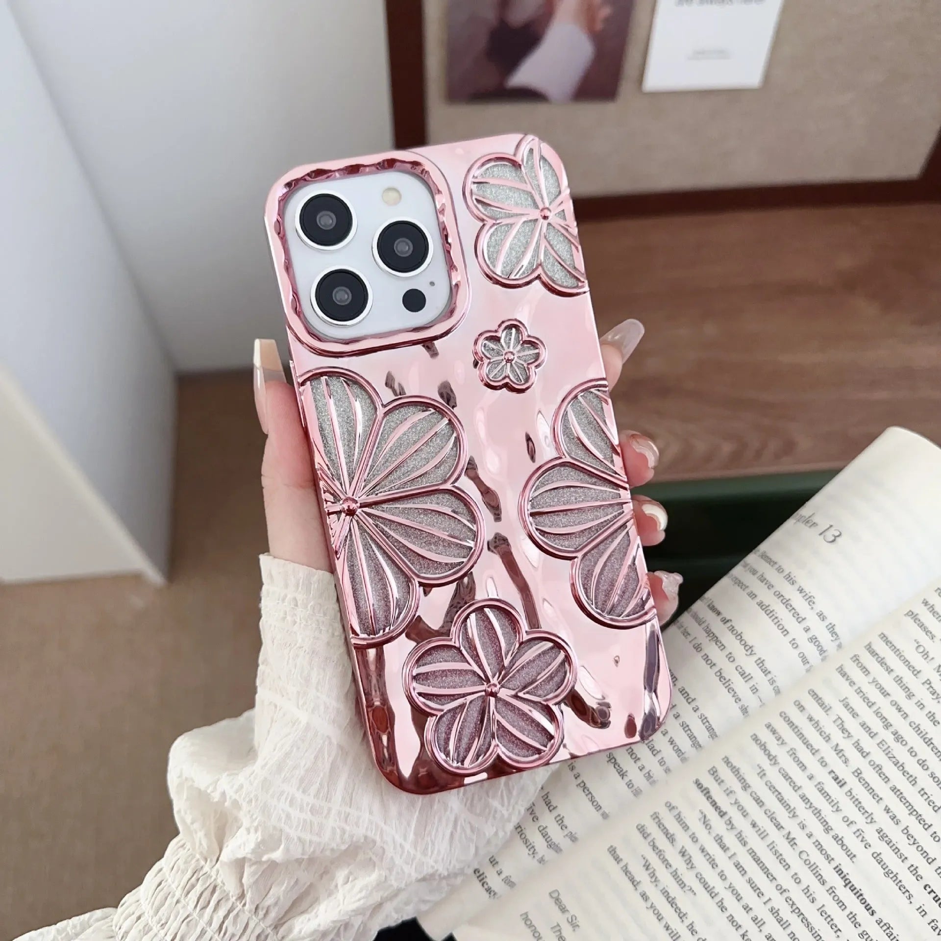 Gold electroplating pleated flower soft shell phone case for iPhone with drop protection