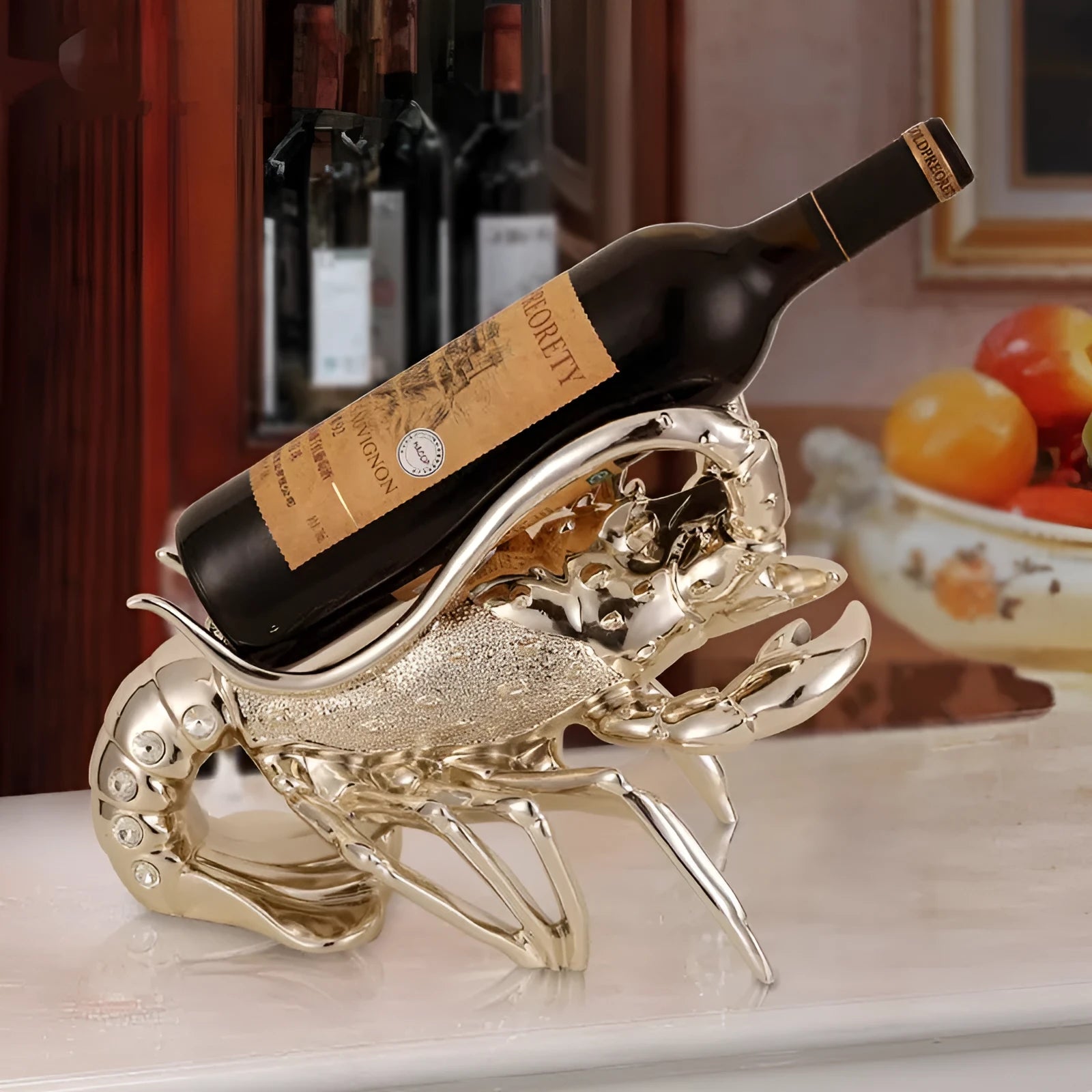 Lobster-shaped resin wine rack ornament in rose gold or silver, holding a wine bottle.