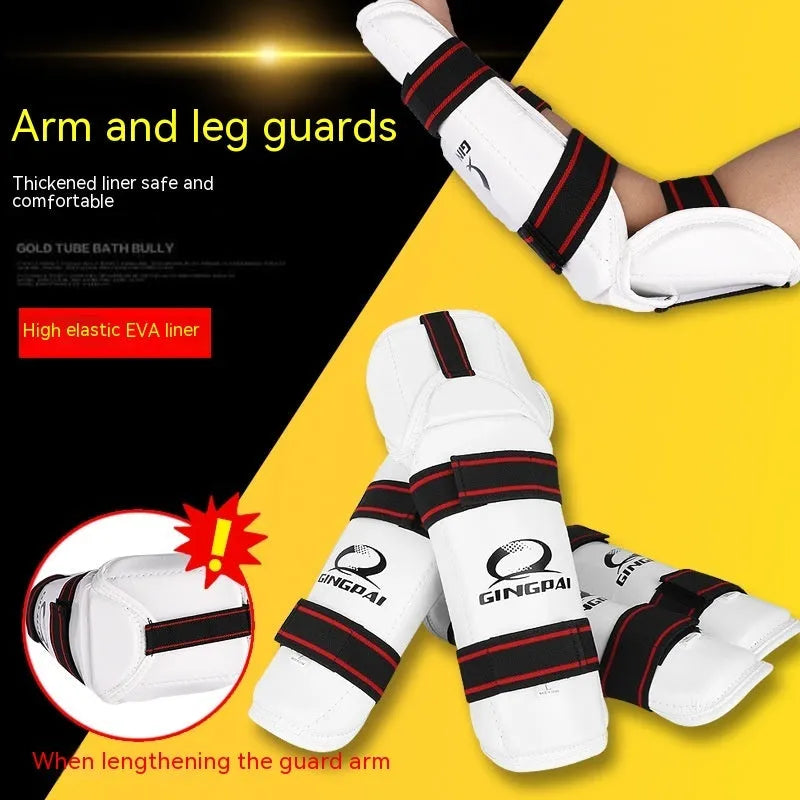 Taekwondo leg and arm protective gear set showing arm guards, leg protectors, and elbow guards