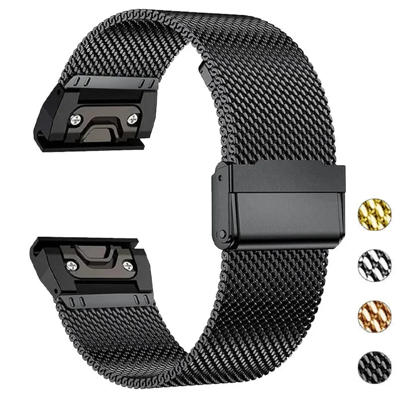 Stainless steel watch strap for Garmin Fenix in silver, black, gold, and rose gold colour options