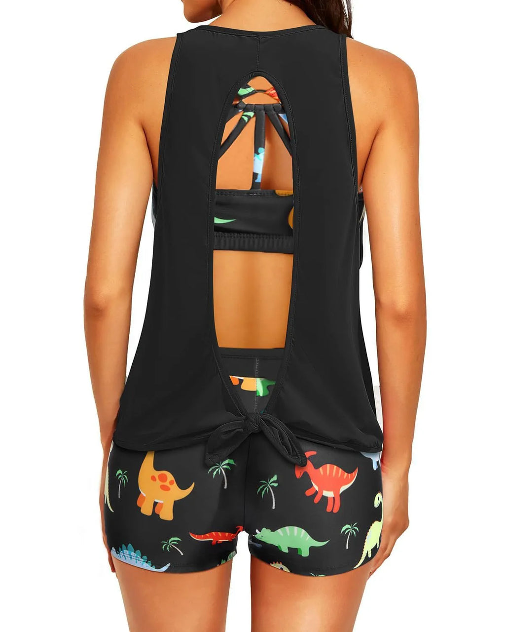 Women's printed swimsuit set with hollow back and covered belly, three pieces: short sleeve top, vest, shorts, in camouflage colour on white background