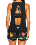 Women's printed swimsuit set with hollow back and covered belly, three pieces: short sleeve top, vest, shorts, in camouflage colour on white background