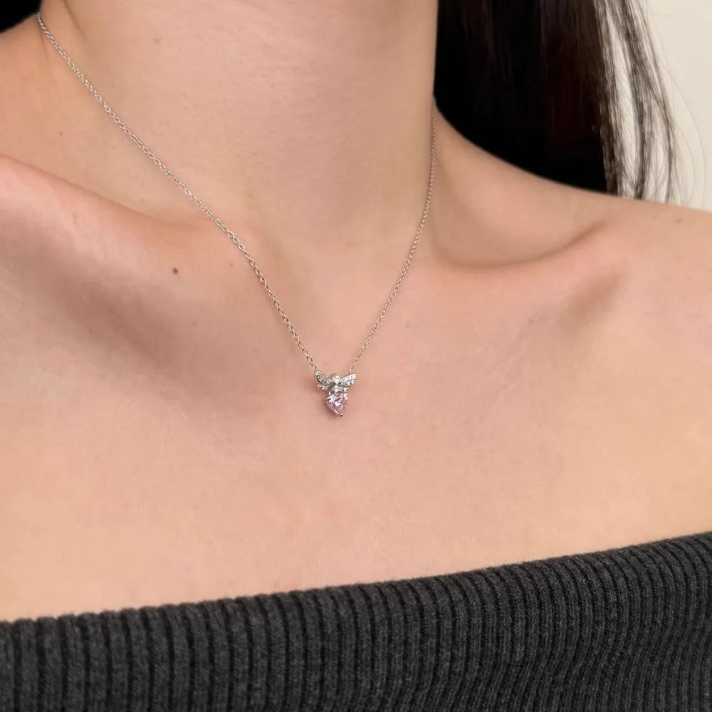 Bee Loving Heart Zircon Necklace stainless steel white gold plated copper pendant