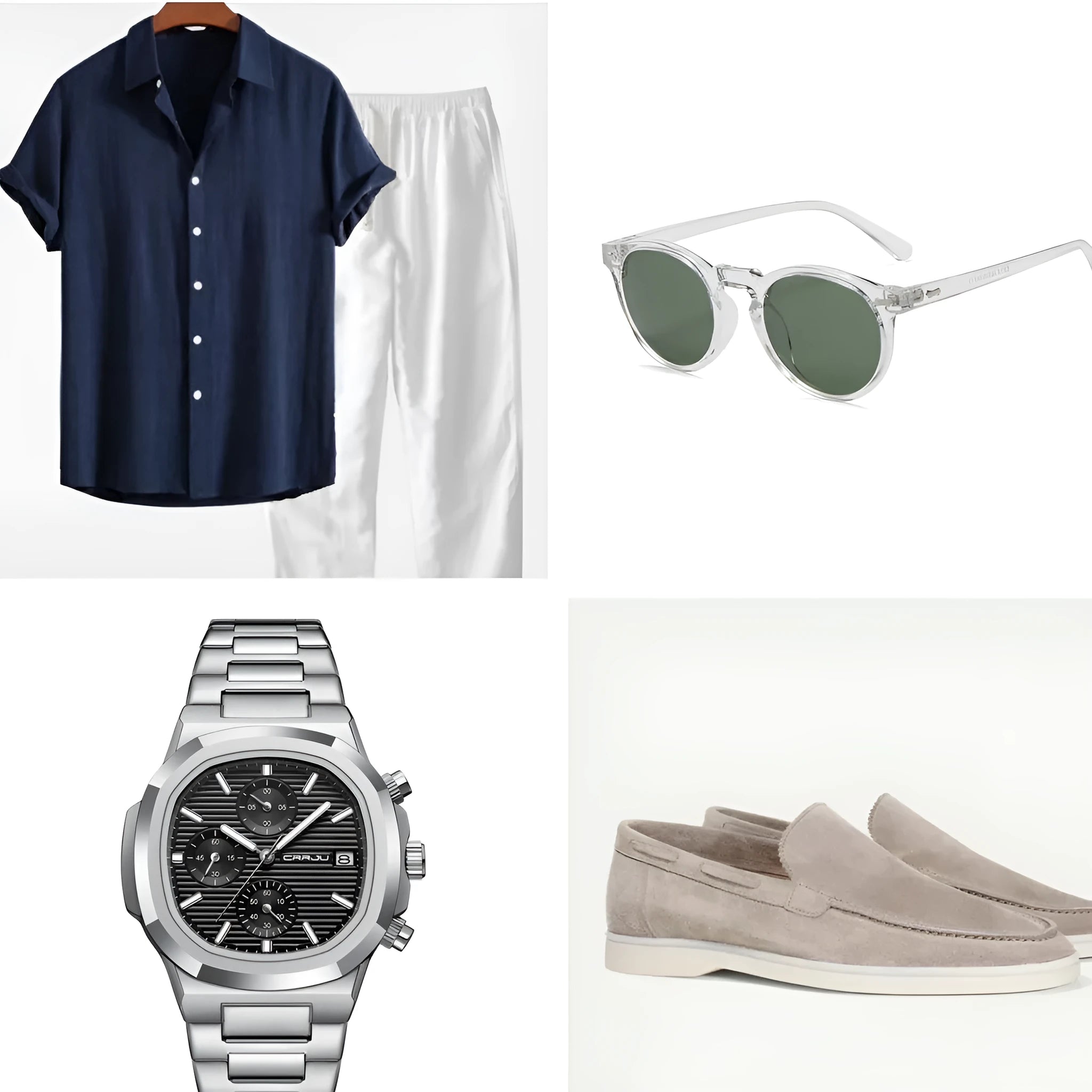 Men's casual beachwear suit in cotton linen blend with short sleeves and trousers, shown with coordinating glasses, shoes and watch