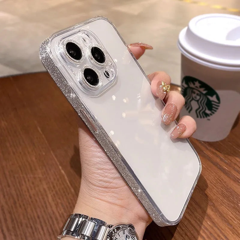 Starry glitter transparent glass phone case for iPhone 14 Pro Max with electroplated finish in Yuefeng blue