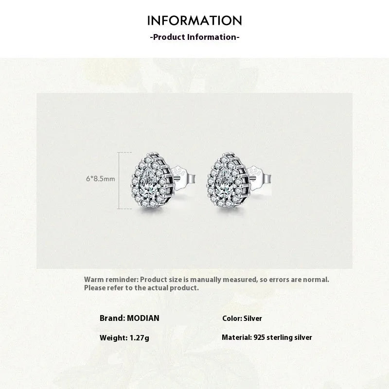 Women's silver water drop ear studs with diamond-cut surface on 925 sterling silver