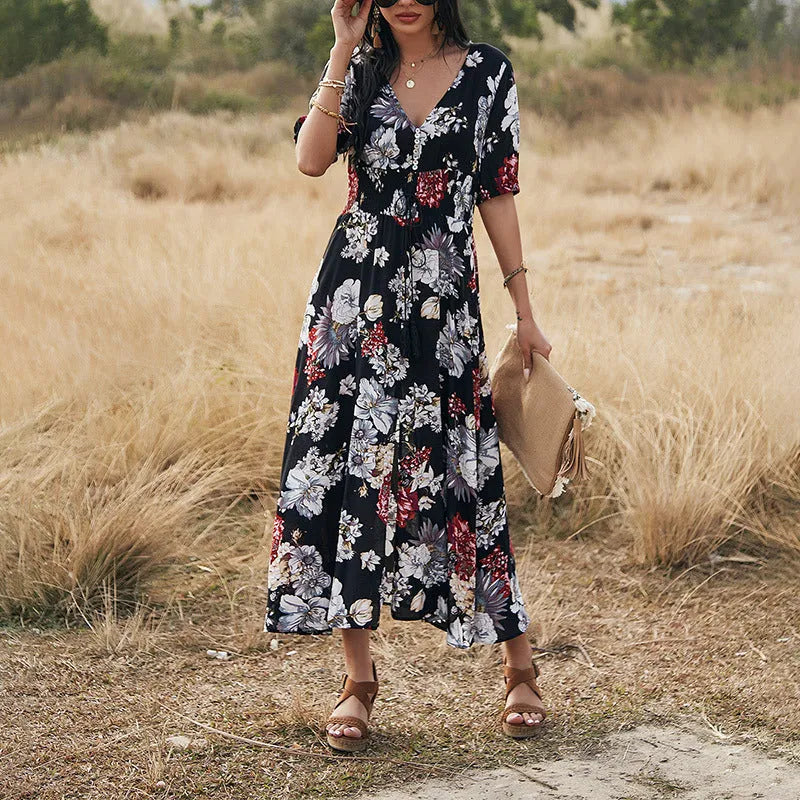 Women's floral print summer beach dress with V-neck and elastic waist