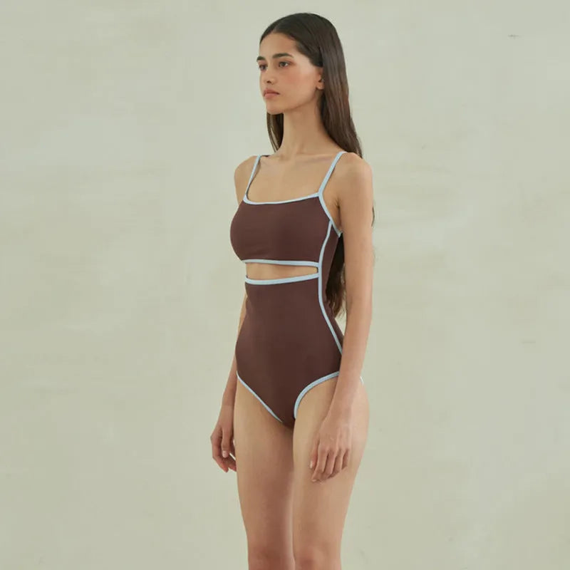 Brown triangle style one-piece swimsuit for women in nylon fabric