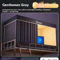 Grey polyester bed curtains with integrated mosquito net for a 0.9m single bed, shown with three-door wall bracket.