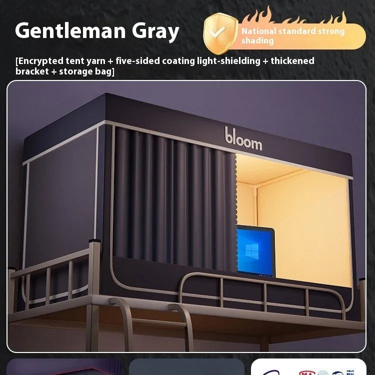 Grey polyester bed curtains with integrated mosquito net for a 0.9m single bed, shown with three-door wall bracket.