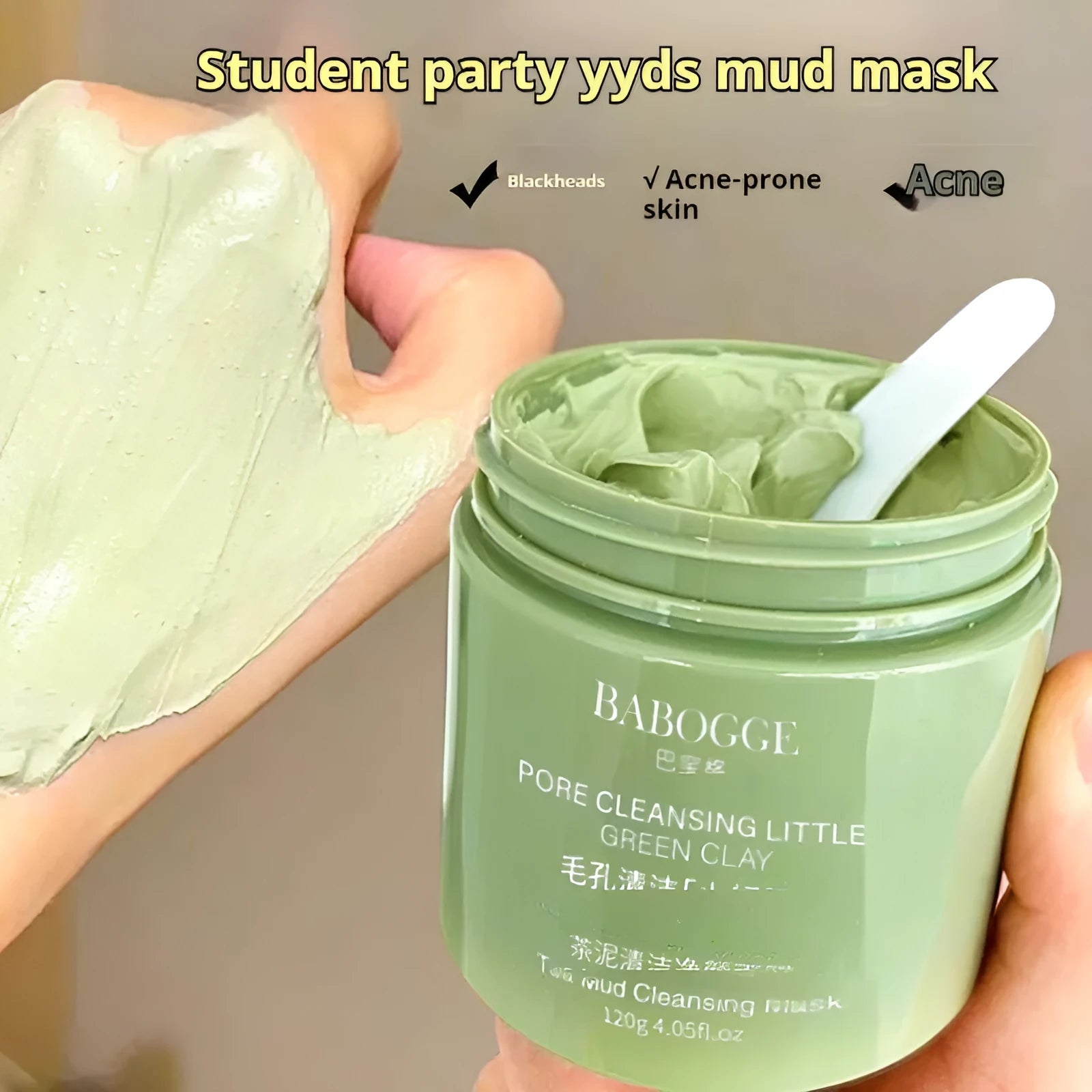 Tea mud cleansing clay mask in 120g container with dry daub applicator