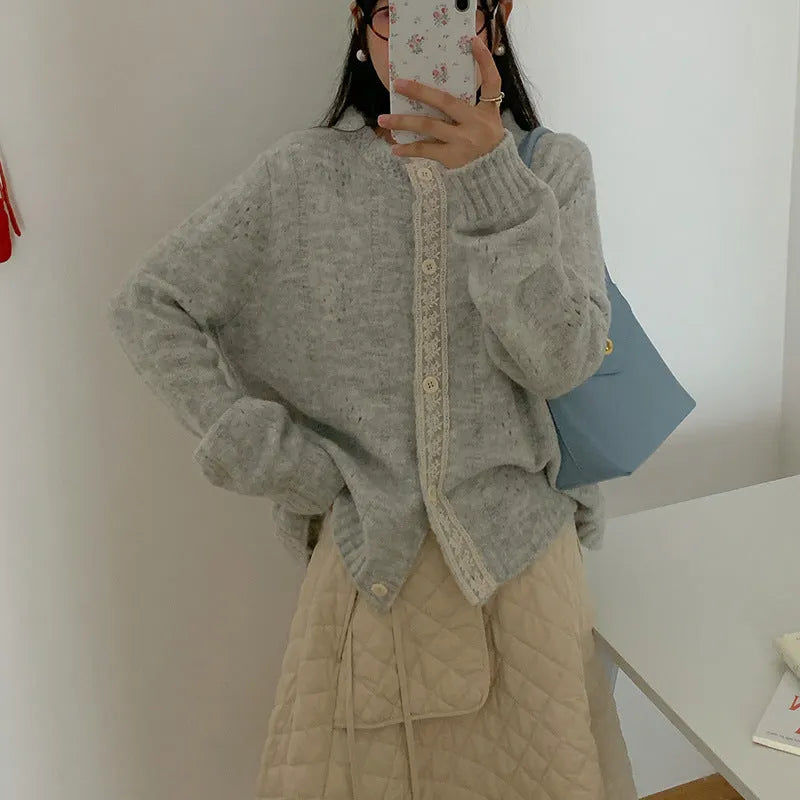 Korean-style loose knit cardigan coat in artistic retro design, shown in apricot colour