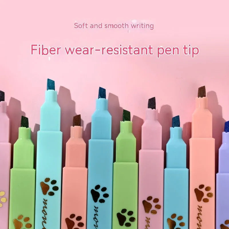 Cat's paw fluorescent marking pen set with six coloured oblique-head refills in plastic case
