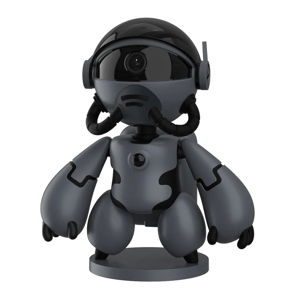 White indoor security camera with wide-angle lens on a detachable stand, for home monitoring.