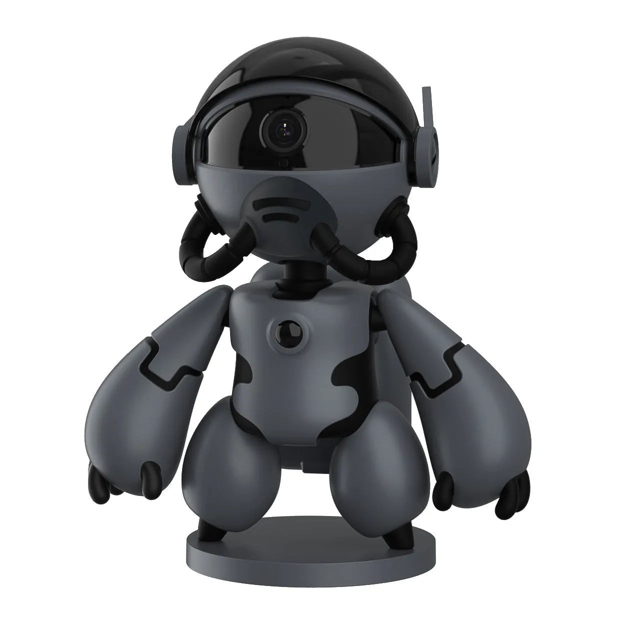 White indoor security camera with wide-angle lens on a detachable stand, for home monitoring.