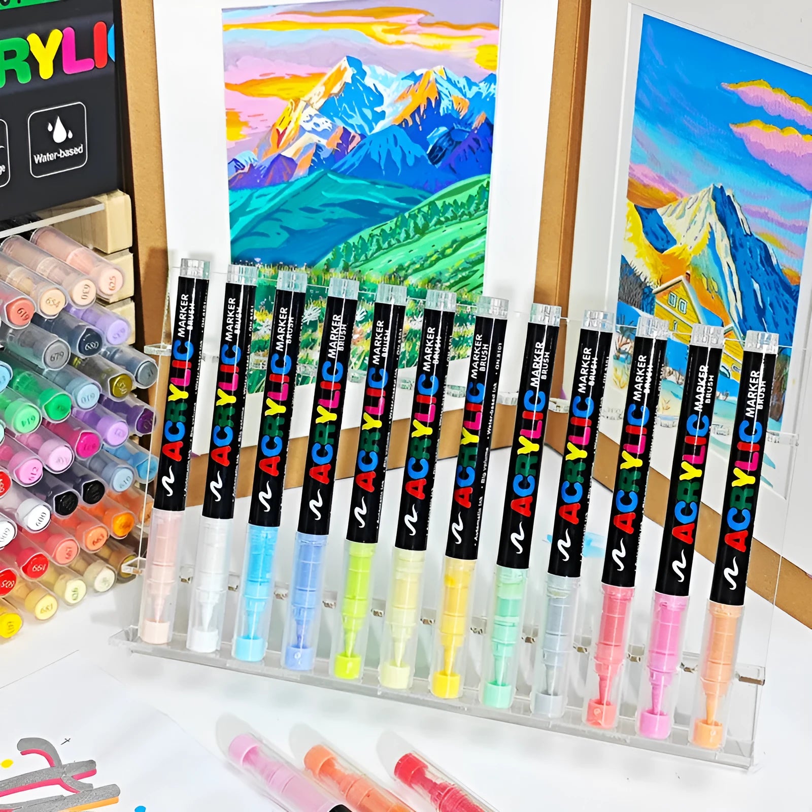 Set of straight liquid acrylic paint marker pens with soft brush tips in multiple colours