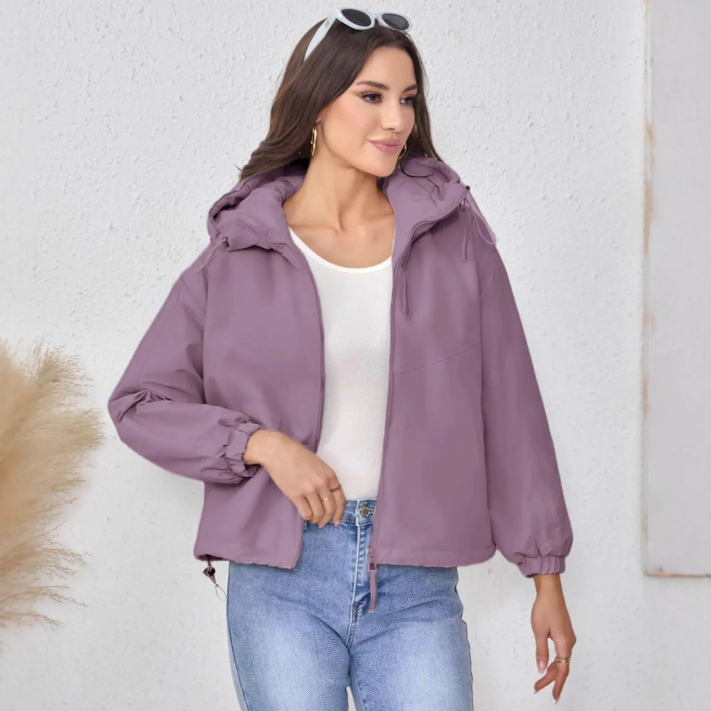 Women's hooded shell jacket loose fit polyester long sleeve solid colour black front view