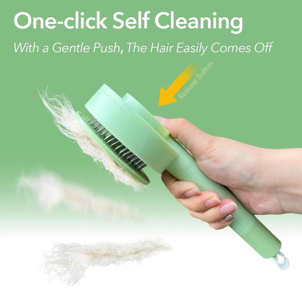 Green and yellow 2-in-1 pet grooming brush with stainless steel teeth and a hanging loop for storage.