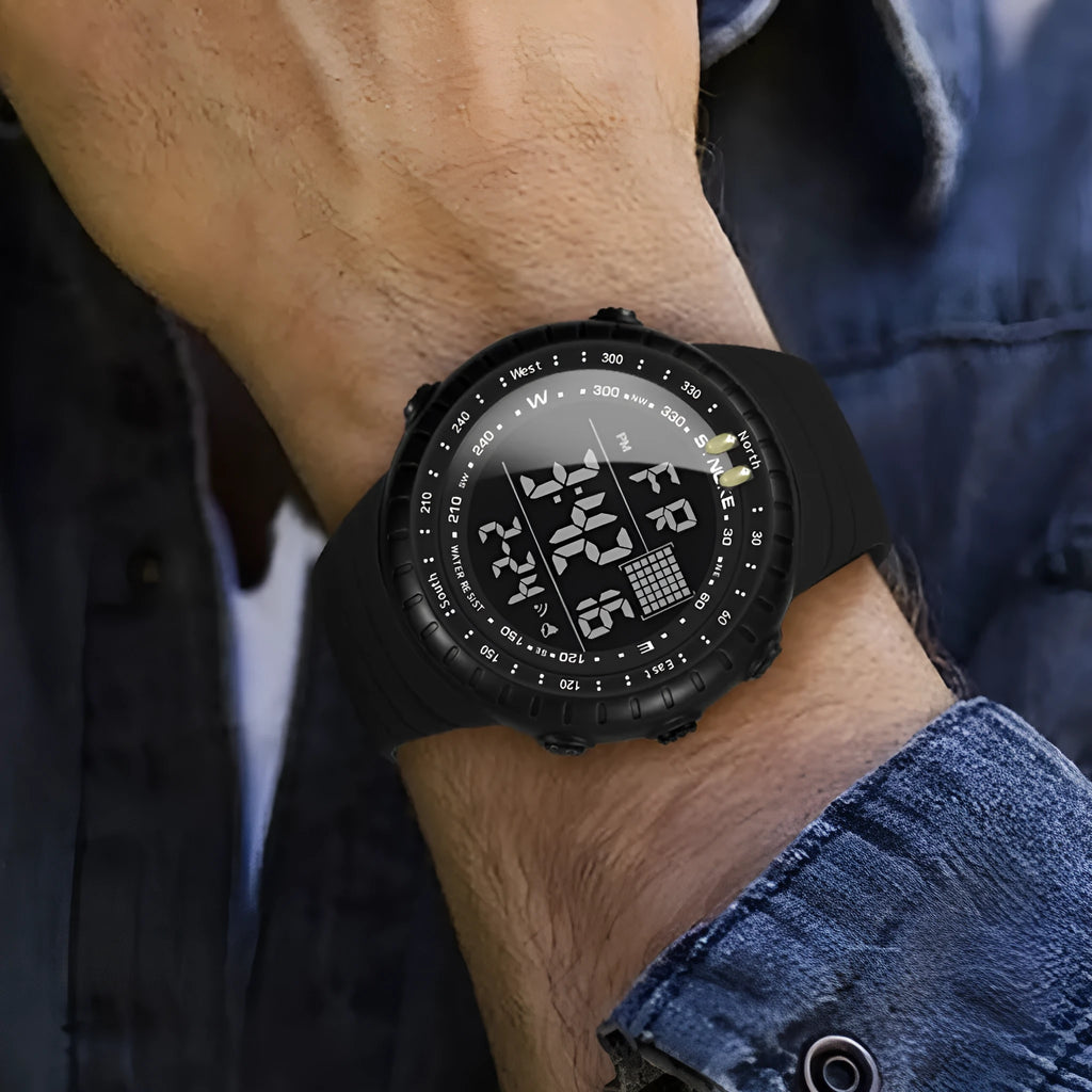 Black outdoor electronic watch for men with large dial and PU strap showing 50m waterproof rating