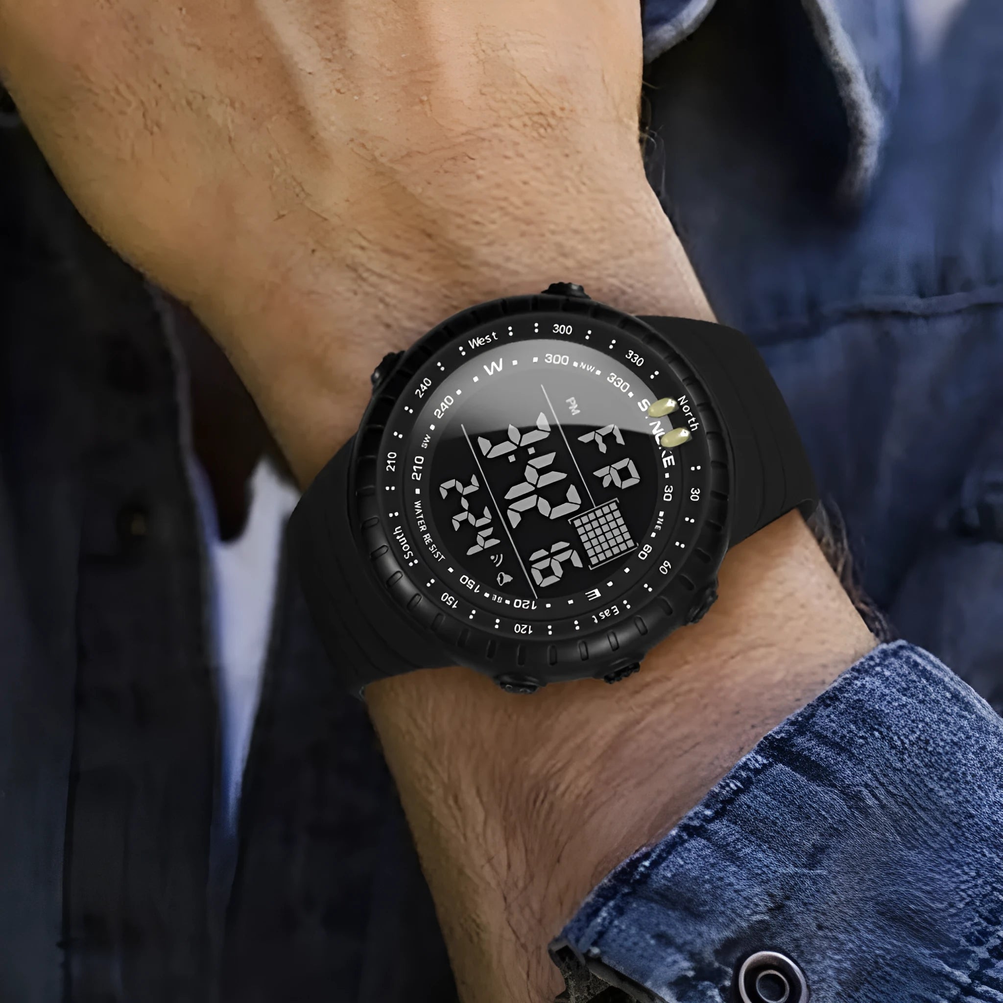 Black outdoor electronic watch for men with large dial and PU strap showing 50m waterproof rating
